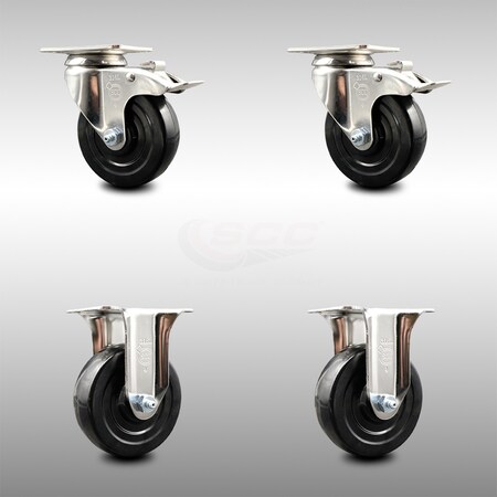 Service Caster 4 Inch 316SS Soft Rubber Wheel Swivel Top Plate Caster Lock Brake 2 Rigid, 2PK SCC-SS316TTL20S414-SRS-2-R-2